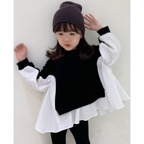 Fashion Korean Loose Little Girls Long Sleeve Shirt Baby Girls Blouse Cute White Black Long Tops Autumn Children Costume