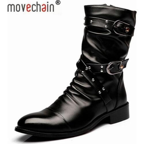 Movechain New Arrive Man Genuine Leather Rivets Punk Boots Mens Casual Buckle Zip Flats Brand Mens Fashion Martin Boot Shoes