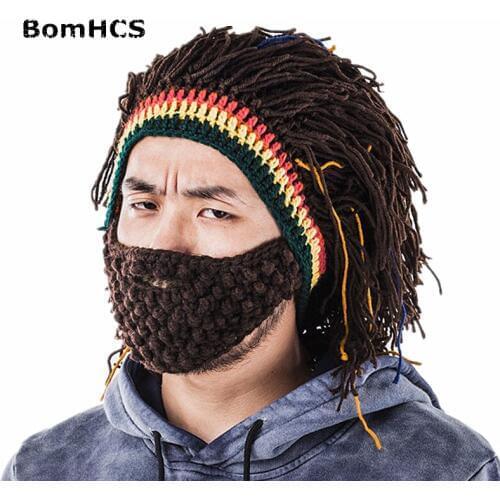 BomHCS Funny Mens Winter Warm Cap Riding Mask Beanie Handmade Knitted Wig Hat Present Gift
