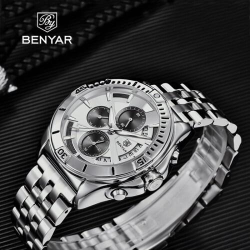 BENYAR Luxury Brand New Quartz Multi-Function Chronograph Mens Watch Sports Complementary Stainless Steel Calendar Luminous