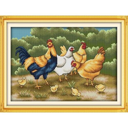 Chickens foraging cross stitch kit animal family DMC counted fabric pre stamped stitching embroidery DIY handmade needlework