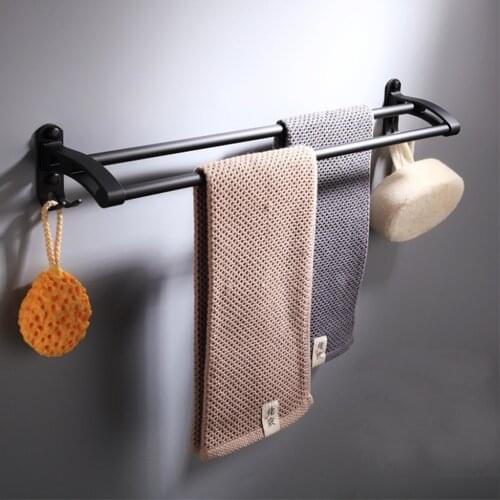 Bathroom Black Towel Rack Wall Mount Black Finish Space Aluminum Double Towel Bar with Hook Double Bar 23Inch Shower Accessories