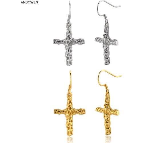 ANDYWEN 100% 925 Sterling Silver Gold 37mm Cross Drop Earring Big Large Luxury 2020 Fashion Fine Jewelry Pendiente Piercing