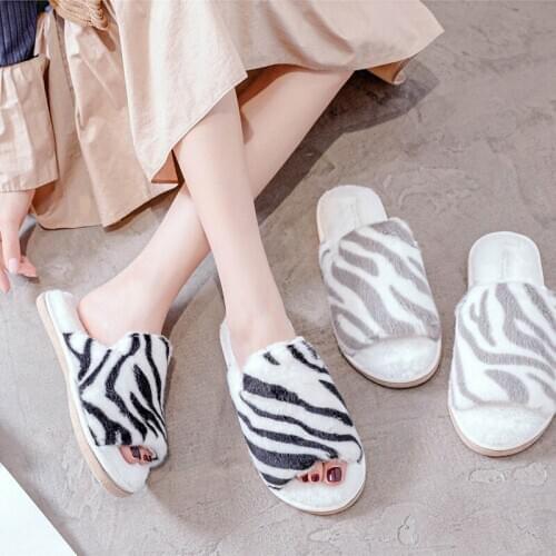 Winter New Stripe House Womens Fur Slippers Bedroom Open Toe Flats Ladies Cozy Shoes Slip On Home Women Fuzzy Slides