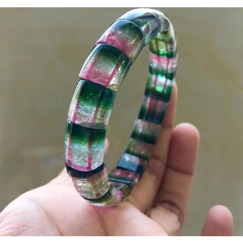 Tourmaline two color watermelon barrel beads near glass natural crysta Bracelet
