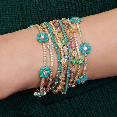 Spring New Arrived Fashion Party Jewelry 3mm Prong Set CZ Tennis Chain Rainbow Daisy Flower Charm Colorful Rainbow Bracelet