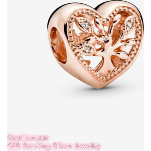 Spring 100% 925 Sterling Silver Openwork Family Tree Heart Charm rose gold beads Fits Original Pandora bracelets Jewelry