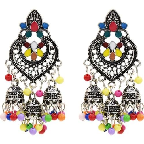 Indian Palace Jhumka Jhumki Drop Earrings for Women Vintage Gold Silver Color Metal Flower Beads Tassel Earring Festival Party