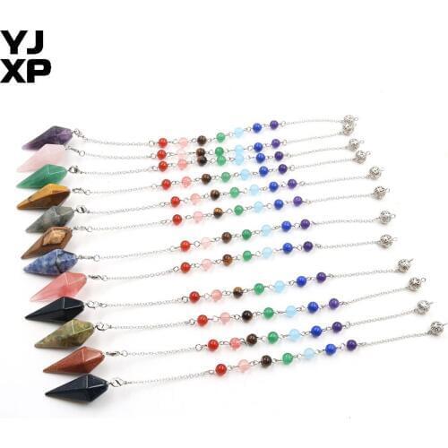 YJXP Natural Crystal Hexagon Pyramid Pendulum Stone Pendant Reiki Healing Chakra Amulet Women Men Wicca Divination Jewelry 1 Pc