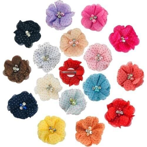 100 pcs/lot , 5 cm Childrens hairpin little chiffon diamond flower pair clip handmade fabric pearl flower Fashion accessories