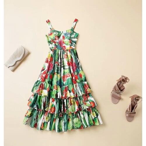 Womens American European and wear 2021 summer new style Sleeveless cactus print Condole belt Fashionable cake dress