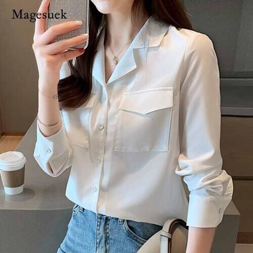Autumn 2020 New Korean Suit Collar Long Sleeve Chiffon Womens Blouse Solid White Shirt Button Cardigan Shirt Blusas Mujer 10696