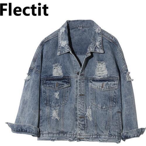 Flectit Womens Vintage Distressed Denim Jacket Oversized Stone-Wash Ripped Jean Jacket Boyfriend Style Street Wear