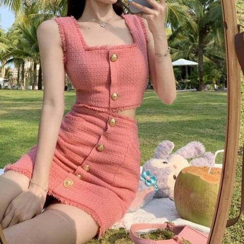 Korobov Korean Office Lady Women 2 Pieces Sets Sweet Chic Tank Top and Hit Color Patchwork Single Breasted Skirts Suits