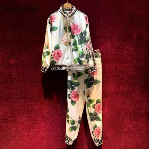 Svoryxiu Fashion Runway Autumn Winter Rose Flower Print Two Piece Set Womens Long Sleeve Coat + Elastic Pants Casual Pants Set