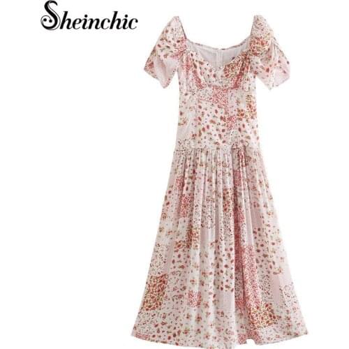 Bohemian Elegant Ruffles Floral Printed Long Summer Dress 2021 Women Boho Short Sleeve Pleated Maxi Dresses