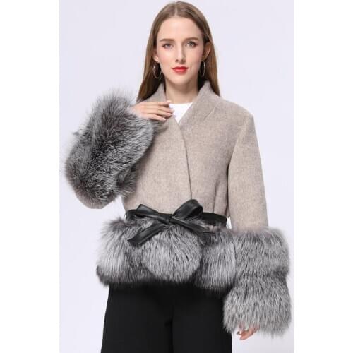 Janefur Woman Short Solid Woolen Coat Real Fox Fur Fashion Autumn Winter Warm Jacket New High Quality Belt Slim Letter Overcoat