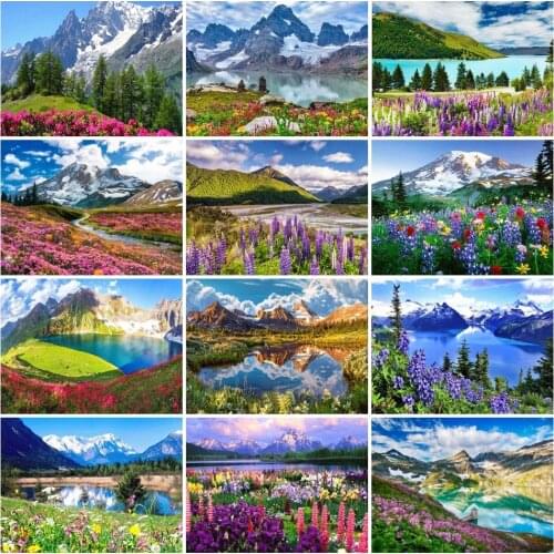 AZQSD 5D Diamond Painting Full Drill Mountain Flowers Diamond Embroidery Landscape Mosaic Cross Stitch Kits Sale Decorations