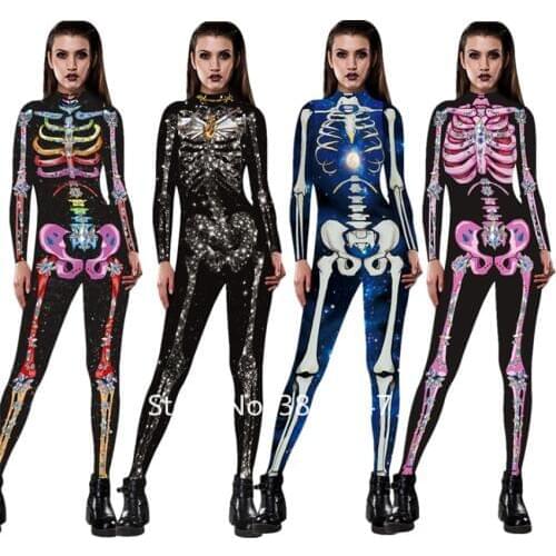Helloween Scary Costumes for Women Adult Skeleton Bodysuit Long Sleeve Devil Cosplay Disfraz Carnival Party Performance Dress