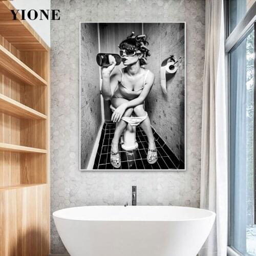 Black White Smoking Drink Woman Man in Toilet Canvas Paintings Modern Figure Pictures Bar Room Home Wall Art Posters and Prints