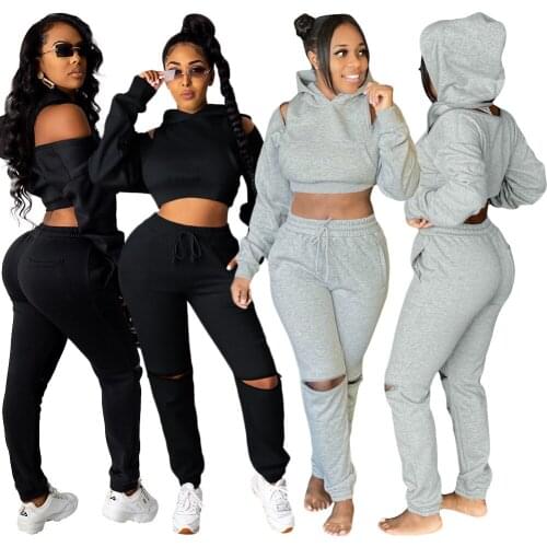 Winter Fall Thick Fleece Hoodies Tops and Pants Two Piece Set Women Tracksuit Crop Top Trousers Casual Sportwear Matching Set