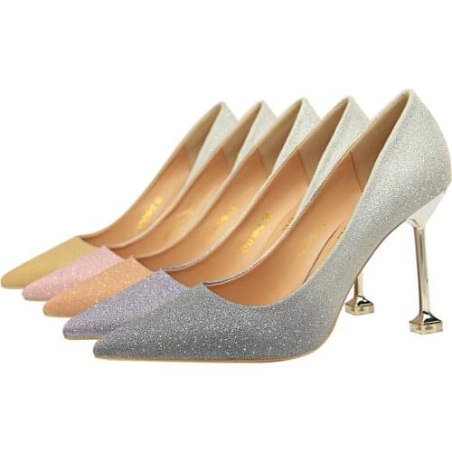 Korean version of fashion thin heel high heel shallow mouth patchwork color bright color gradient sexy womens single shoes