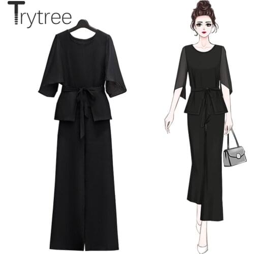 Trytree Summer Women Two Piece Set Casual O-neck Belt Flare Sleeve Blouse + Elastic Waist Pants Solid Office Lady 2 Piece Suit