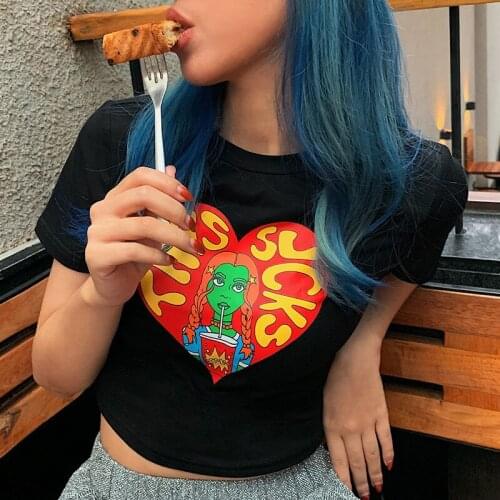 Summer Fashion Cartoons Streetwear T-shirt E-Girls Print Short Sleeve O-Neck Sexy Tops Women Chic Casual Slim Vintage Soft Tees