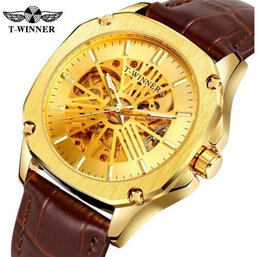 2020 T-WINNER Brand Fashion Leather Gold Watch Men Automatic Mechanical Skeleton Waterproof Watches Relogio Masculino