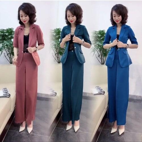2020 New Women Summer Fashion Women Pants Suit Female Blazers & Wide Leg Pants Casual Elegant Office Lady Style 2 Peice Set Z250