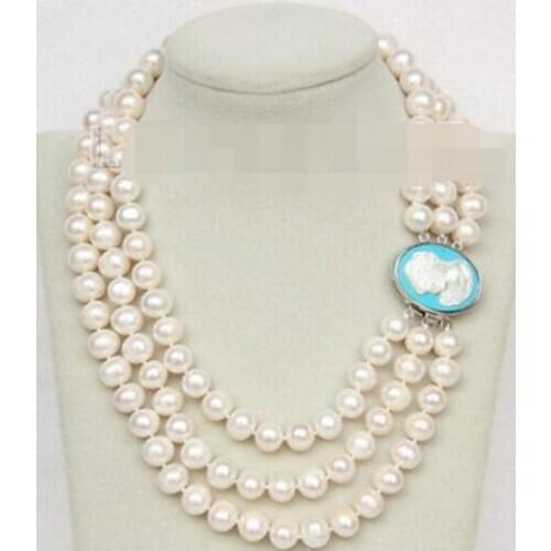Luster 16"-18" 3row 9-10mm round freshwater white pearls necklace j10056