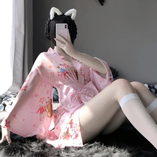 Sexy Sakura Kimono Lovely Japanese Uniform Cosplay Outfit For Women Short Robe Yukata Bunny Costume Pajamas Soft Dressing Gown