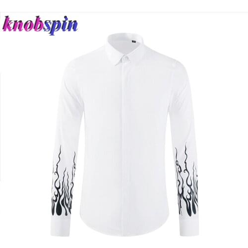 Luxury Mens Long Sleeve Shirt Turn-over Collar Casual Slim Printed Shirts men 100% Pure Cotton Business male Dress Shirts
