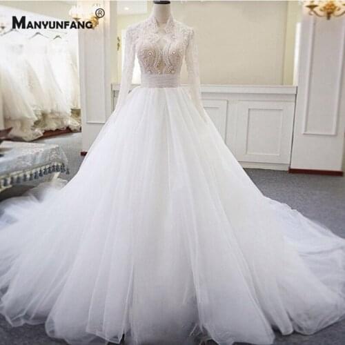 2021 New Arrival Full Sleeve Embroidery Appliques Tulle Pearls Wedding Dress Luxury High Neck Cathedral Train Bridal Ball Gown