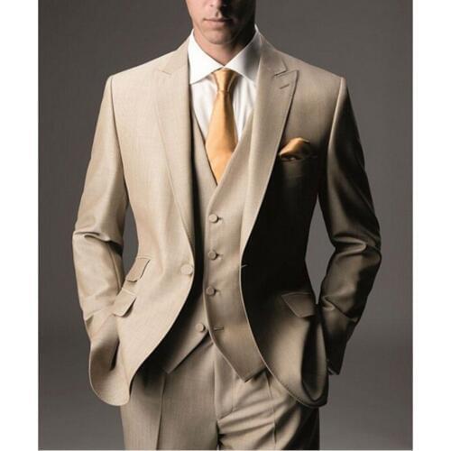 One Button Groomsmen Peak Lapel Groom Tuxedos Khaki Men Suits Wedding Best Man Blazer (Jacket+Pants+Tie+Vest) B962