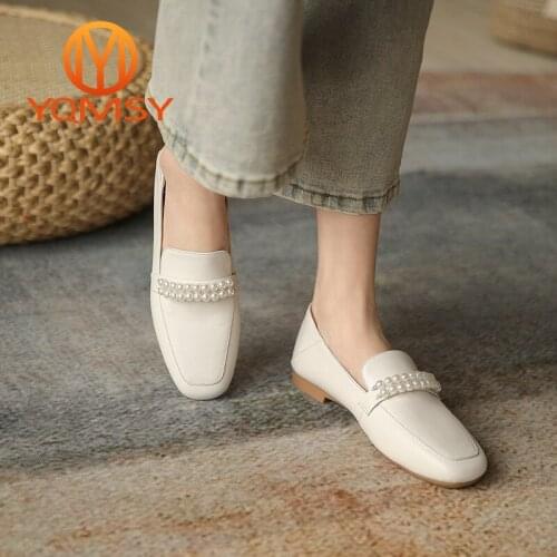 YQMSY New Mature Women Flats Shoes Genuine Leather Square Toe String Bead Slip-On Flats Leisure Office Asakuchi Lady Shoes AS77