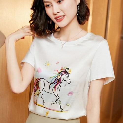 High Quality Silk Women Soft Satin Casual T Shirt Short Sleeve O-Neck Animal Floral Print Top Camiseta Mujer 2021
