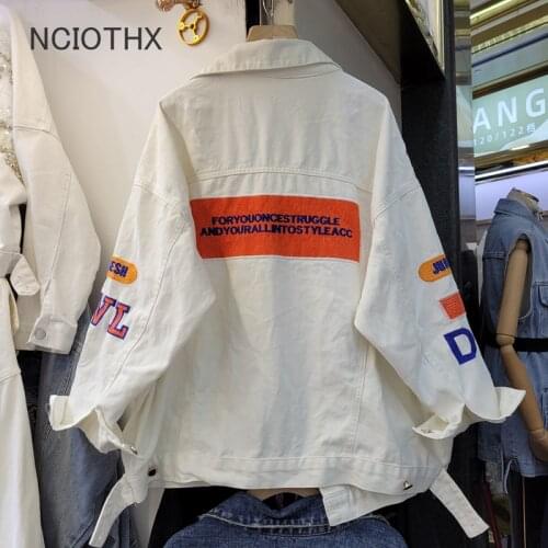White Denim Jacket Women Letter Embroidery Fashion Lapel Long Sleeve Jeans Jacket Streetwear Loose Casual Jeans Coat 2021 New