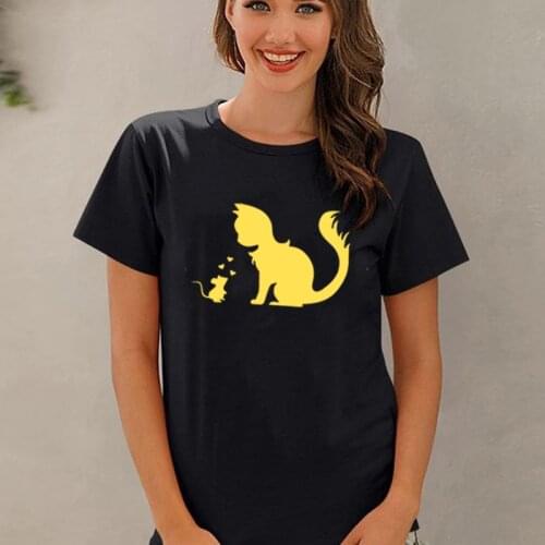 Mouse Falls In Love with Cat Print Women Summer Tshirt Short Sleeve O-neck Casual T-shirt Funny Graphic Korea Style T Shirt