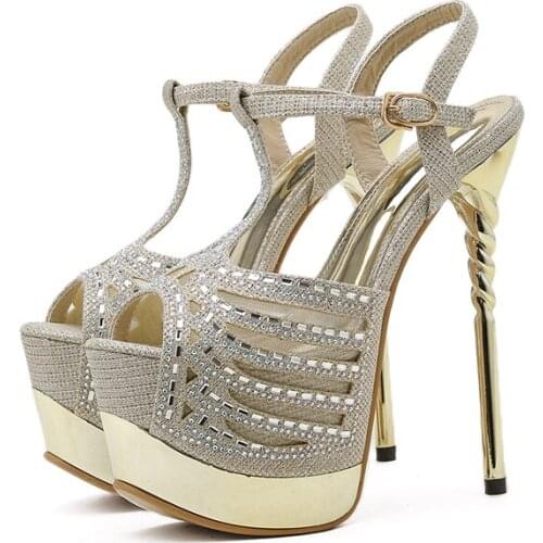 Woman High Heels Sandals 17cm Stripper Heels Summer Wedding Party Shoes Women Gladiator Platform Sandals Gold Shoes+Female