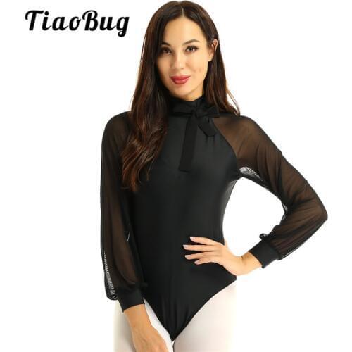 TiaoBug Fashion Women Dancewear Mock Neck Mesh Long Sleeves Cutout Back Gymnastics Leotard Bodysuit Adult Ballet Dance Costume