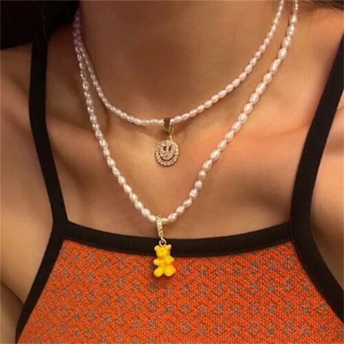 2021 New Colorful Gummy Bear Zircon Pearl Beaded Necklace For Women Girls Fashion Metal Chain Choker Necklaces New Jewelry Gift