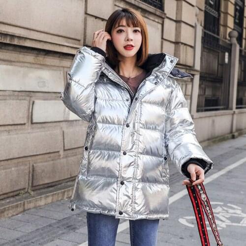 Winter Glossy Jacket 2021 Fashion Women Thicken Parkas Windproof Rainproof Down cotton Hooded Coat Casual Student Silver Outwear