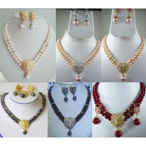 6color-2row white/pink/black pearl green/red stone necklace shell pendant earring can choose jewelry set