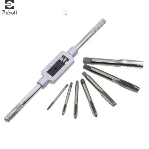 8pcs Thread Metric Machine Hand Screw Thread Plug Taps Set M3 M4 M5 M6 M8 M10 M12 with Adjustable Tap Wrench 1/16-1/2