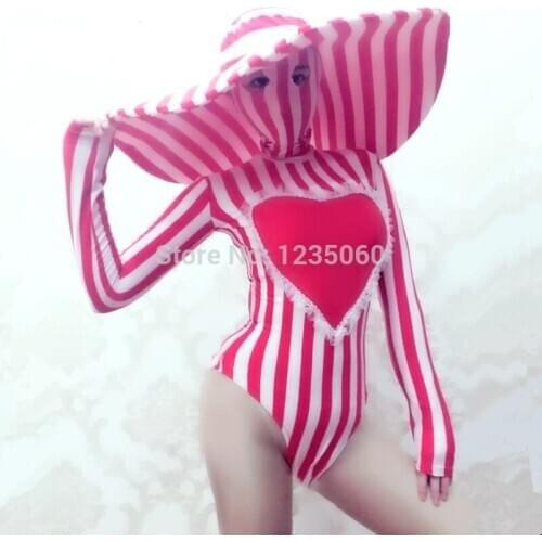 Red White Striped Stretch Skinny Bodysuit Big Hat Nightclub Female Singer DJ Dance Group Costume Bar Party Catwalk Stage Clothes