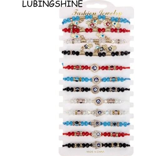 12pcs/lot Evil Eye Colorful Bead Charm Bracelet Women Braided Adjustable Rope Chain Fatima Hand Pendant Jewelry Accessories