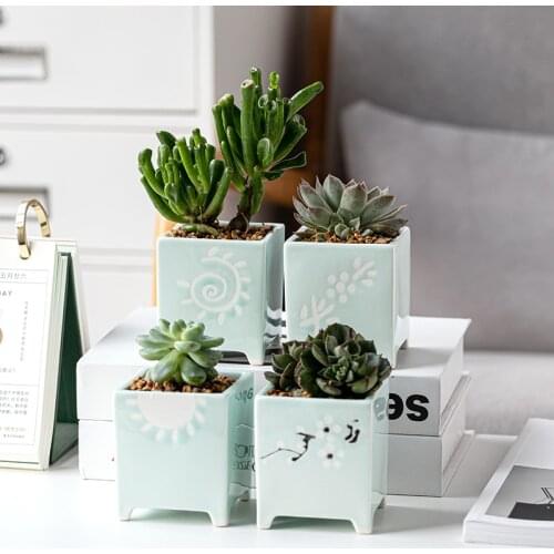 Home Garden Succulent Simplicity Square Ceramic Flowerpot Mini Printing Bedroom Desktop Creative Crafts Home Decor Pots