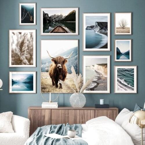 Highland Cow Reed Grass Calm Lake Boat Waves Nordic Poster Wall Art Print Canvas Painting Decoration Pictures For Living Room