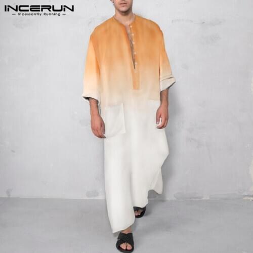 INCERUN Men Jubba Thobe Islamic Arabic Muslim Kaftan Gradient Long Sleeve Button Robes Middle East Dubai Caftan Mens Clothes 5XL